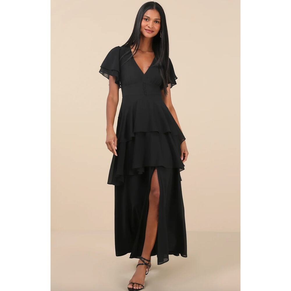 Lulu's Black Tiered Maxi Dress with Flutter Sleeves